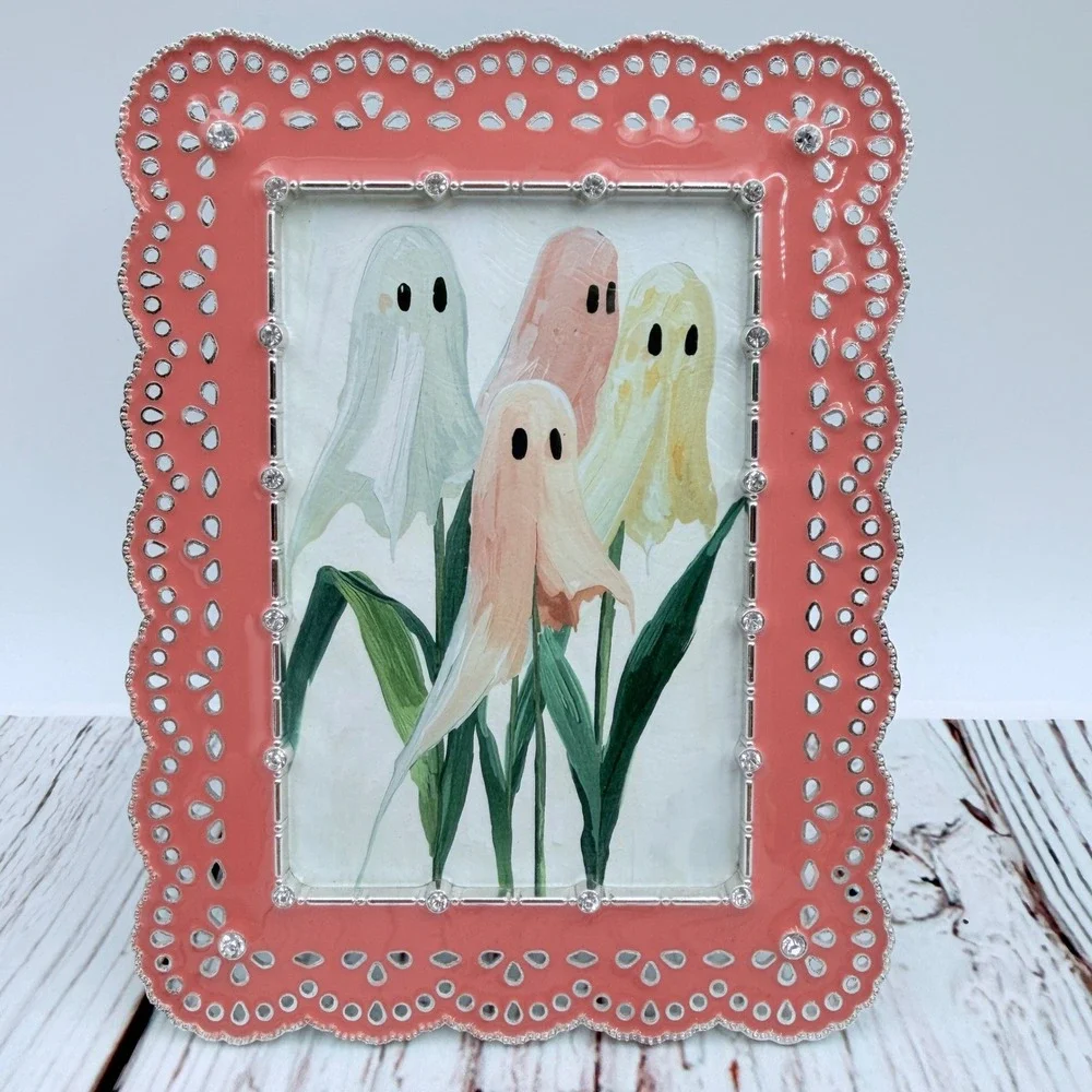 Original‎ Ghost Flowers Print Pink Scalloped Rhinestone Frame Decor 6x4.5